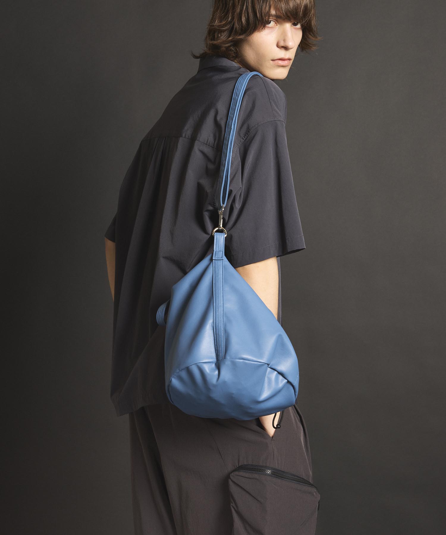 【EX】Vegan Leather Effect Shoulder Drawstring Bag