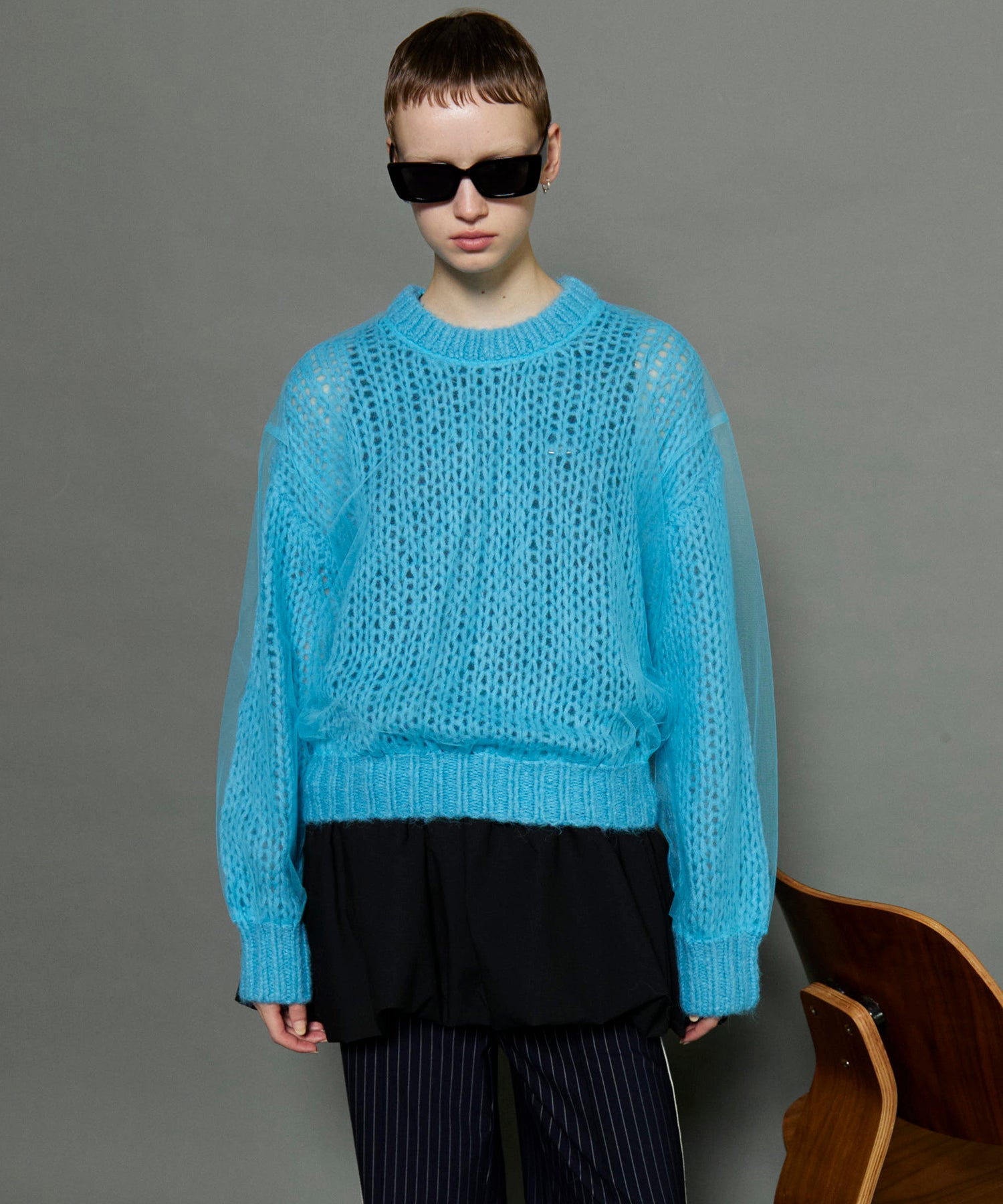 Tulle Layered Low Gauge Reversible Knit Pullover