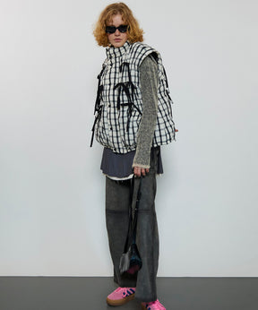 2way Checkered Ribbon Puffer Jacket