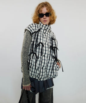 2way Checkered Ribbon Puffer Jacket