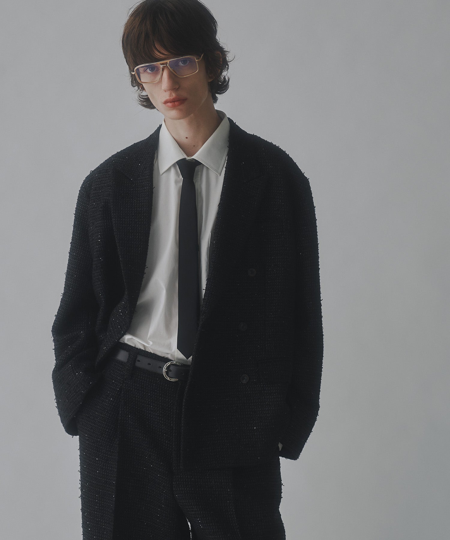 【MAISON SPECIAL for 久遠】Prime-Over Sparkly Black Peaked Lapel Double Jacket