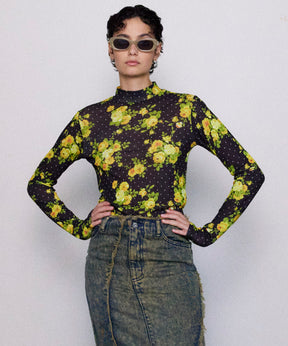 Flower Dot Turtle High Neck Tops