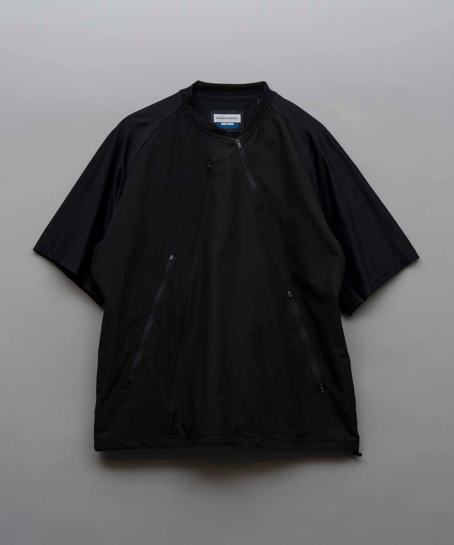 【SPORTS TECH HIGH SPEC LINE】Oversized Different Material Combination HANOJI Zip Crew Neck T-shirt