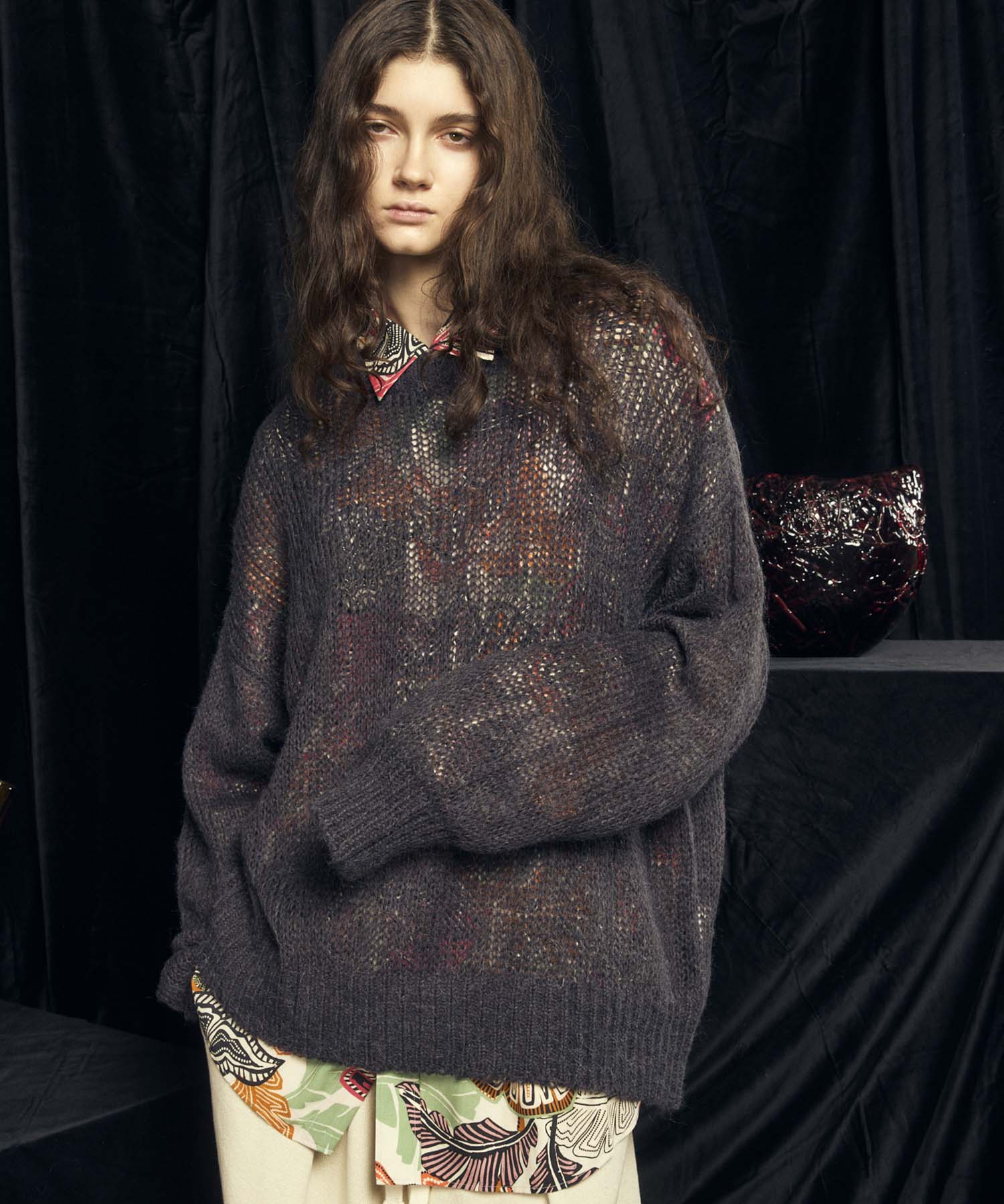 Prime-Over  Sheer Mohair Wool Knit Pullover