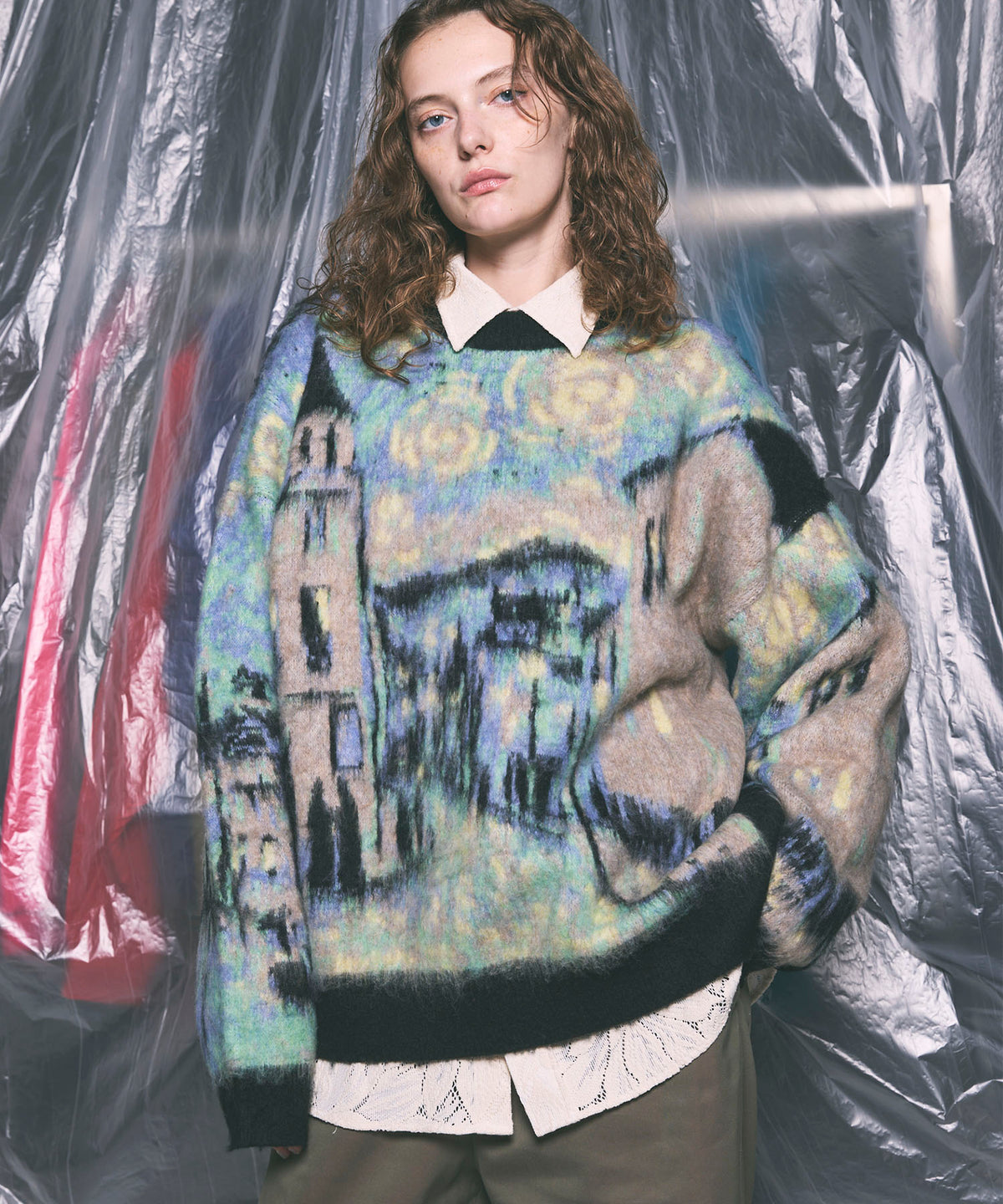 【24AW PRE-ORDER】Prime-Over Landscape Painting Crew Neck Knit Pullover