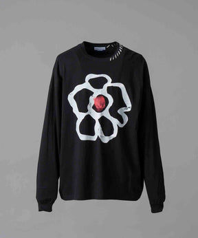 Flower Hand-Printed Oversized Stitched Crew Neck Long Sleeve T-Shirt