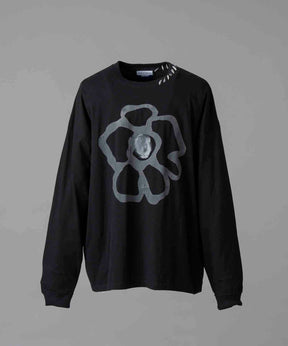 Flower Hand-Printed Oversized Stitched Crew Neck Long Sleeve T-Shirt