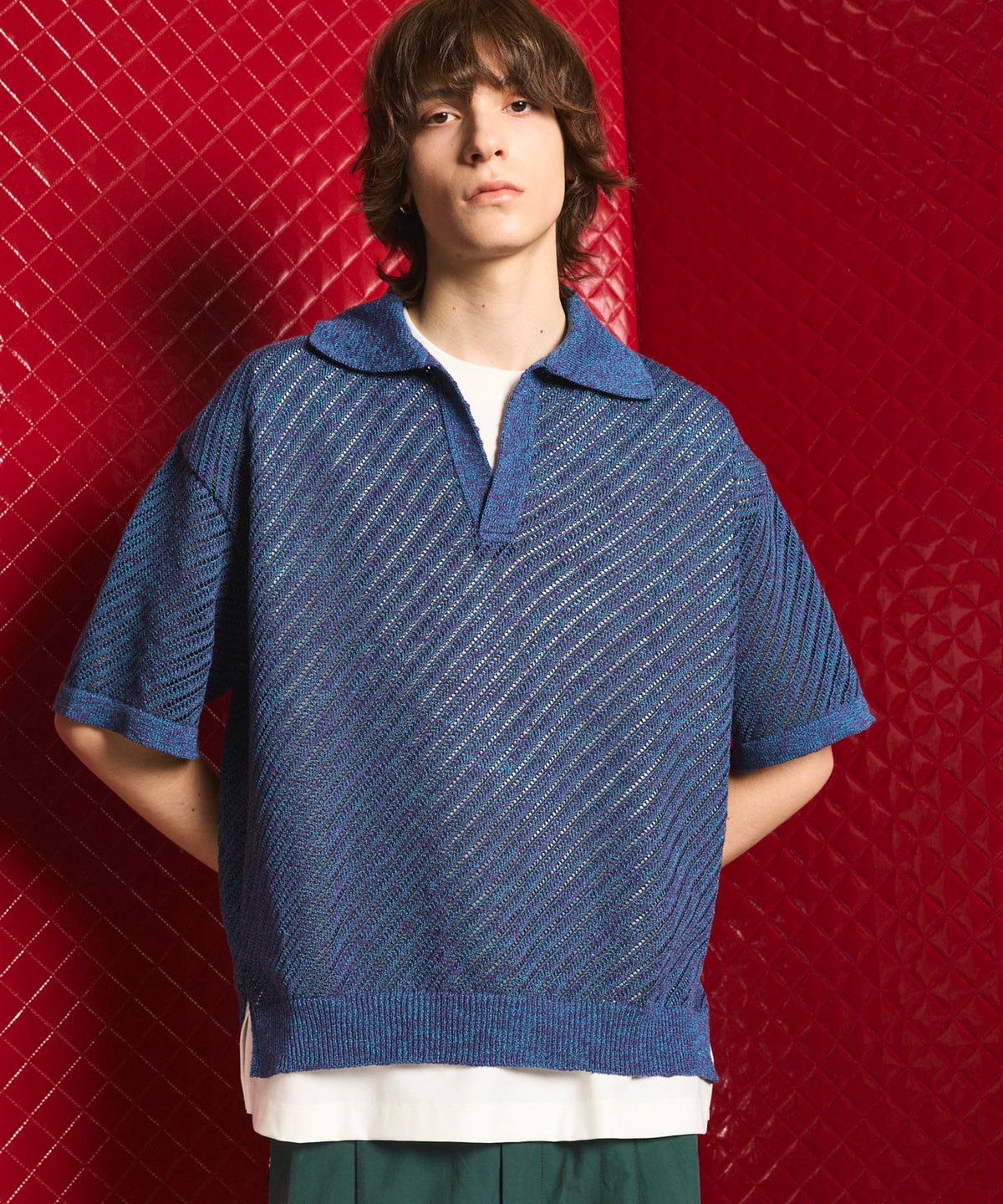 Slub Yarn Bias Mesh Prime-Over Short Sleeve Skipper Knit Polo Shirt