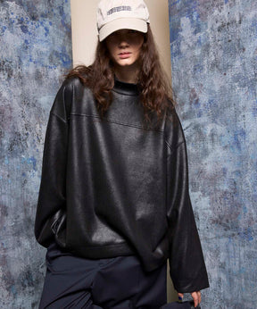 Leather-Like Prime-Over Mock Neck Pullover