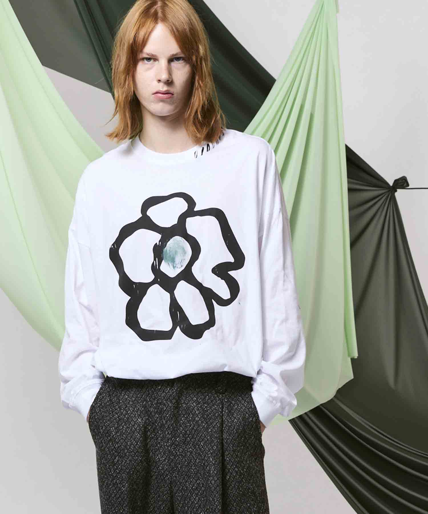 Flower Hand-Printed Oversized Stitched Crew Neck Long Sleeve T-Shirt